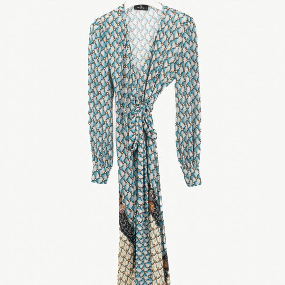 Etro PF/23 Azzurro Floralia Crepe Midi Wrap Dress - Picture 2 of 11